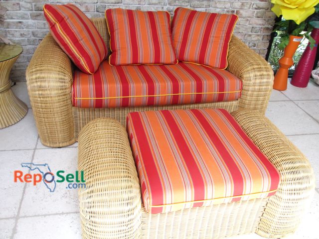 Lot 31-1137 - Ratan Love Seat And Ottoman With Cushions And Pillows - Love Seat Cushion 47"x28", Total 68" L