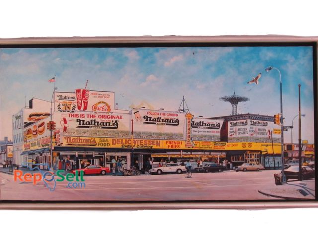 Lot 31-1207 - Framed Original Oil Painting on Canvas by Ken Keely Nathans Famous Hotdogs of Coney Island 24"h x 46...