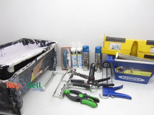 Lot 31-5587 - Painting Supplies: (2) Paint Pans, Job Bucket, Caulk Guns, Latex Caulk, etc.