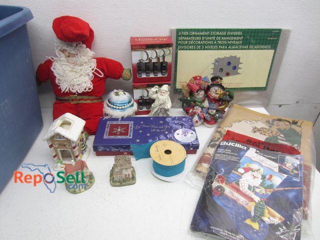 Lot 31-1190 - Christmas Decor: Ornament Storage, Mantle Clips, Santa Figures etc