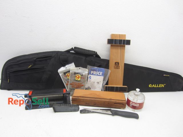 Lot 31-1299 - Outdoor Lot: Allen Gun Case/Bag, 100hr Emergency Candle, (2) Gun &amp; Reel Silicone Clothes, Knife ...