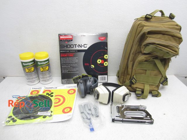 Lot 31-7180 - Firearm accessory lot: targets, field backpack, ear protection, etc.