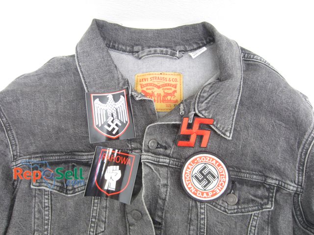 Lot 31-9601 - Levi's Black Denim Jacket (XL) w/ Collectible WWII Style Stickers &amp; Patches