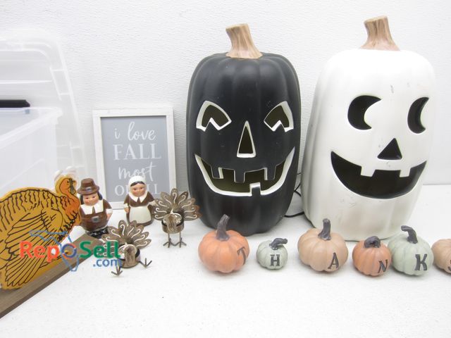 Lot 31-4236 - Holiday Décor: Light Up Pumpkins (Power On), Salt &amp; Pepper Shakers, Turkey Décor, etc.