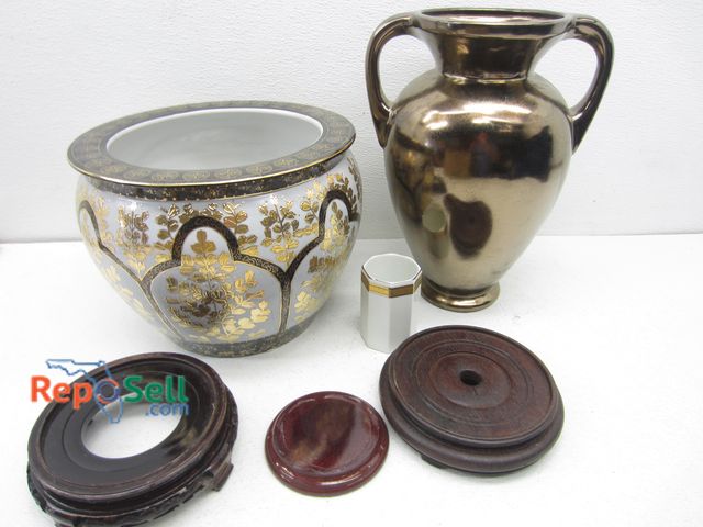 Lot 31-5262 - Estate Lot: Large Decorative Planter, Bronze Jug, Various Size Stands etc