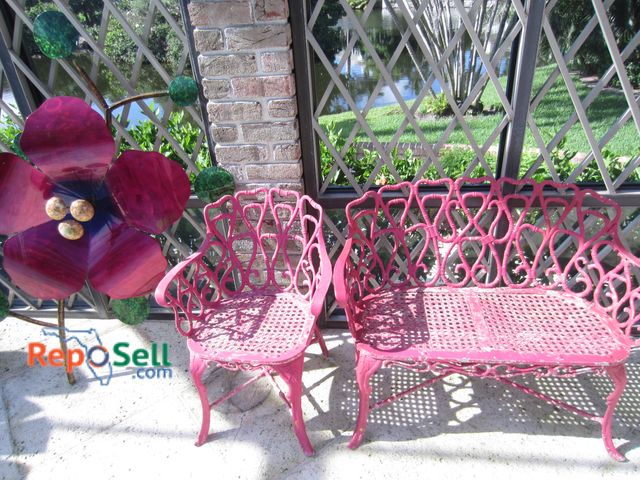Lot 31-1403 - Outdoor Pink Metal Bench &amp; Chair and Pink Metal Flower Decor Wall Hanging