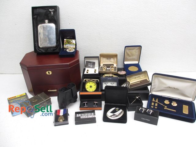 Lot 31-9122 - Men's Jewelry and Accessory Lot: Pewter Flask, Tiger Eye Swank, Compass, Small Metal Trinket Box, Je...