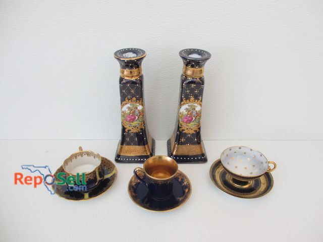 Lot 31-1376 - (2) Candle Holders, (3) Tea Cups &amp; Saucers: 4 pcs are  Limoges, 1pc - Nippon