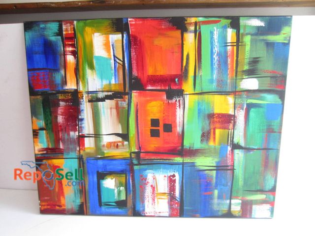 Lot 31-9229 - Abstract painting featuring a vibrant, multi-color geometric composition on stretched canvas. Signed...