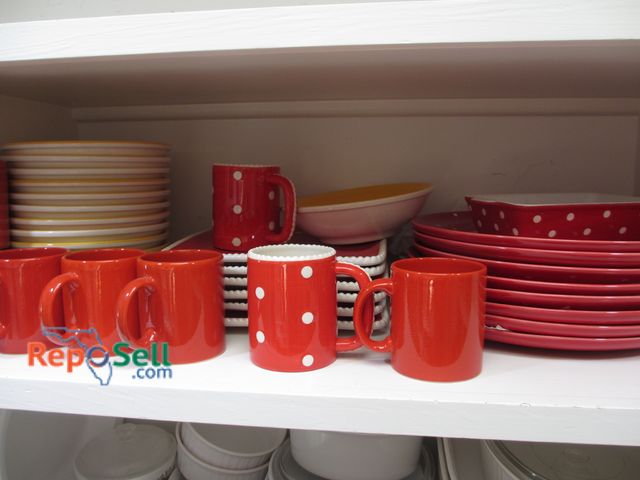 Lot 31-1324 - (6) Red Mugs from Waechtersbach Spain, (13) Tre Ci Bowls from Italy, Polka Dot Mugs, Plates, etc.