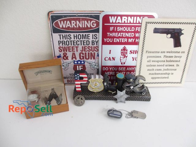 Lot 31-8529 - Law Enforcement And Firearm-Themed Signs, Field & Stream Watch Set, Badges