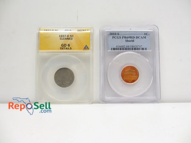 Lot 31-6026 - 1937D 5C Buffalo Nickel graded GD6 and 2010S One Cent graded PR69.