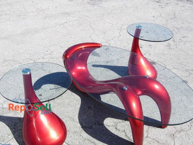 Lot 31-9521 - Unique Glass Top Red Leg Fiberglass Table and (2) Matching Side Tables  Large Table   51"x16"H x 30"...