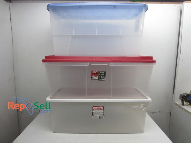 Lot 31-9233 - (3) Large Totes With Lids: 113qt, 96qt And 124qt