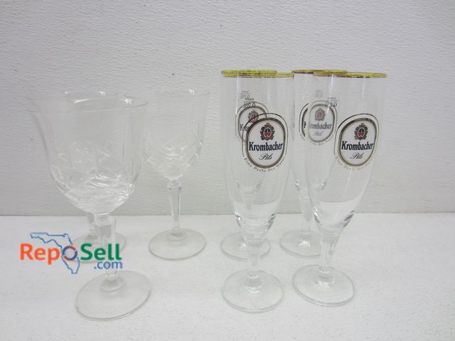 Lot 31-7243 - Glassware: (4) Krombacher Wine Glasses, (3) Etched Wine Glasses
