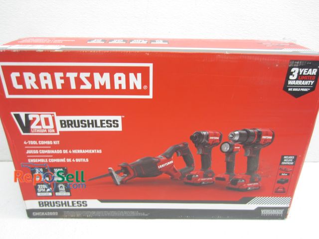 Lot 31-3100 - New Craftsman 20V 4-Tool Combo #CMCK420D2 With (2) 2.0 AH Batteries, Charger And Tool Bag - Some Box...
