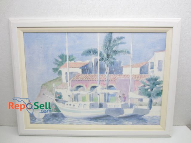 Lot 31-2108 - Framed Art of a Couple on a Sailboat by Buffett, 34.5"x25.5"