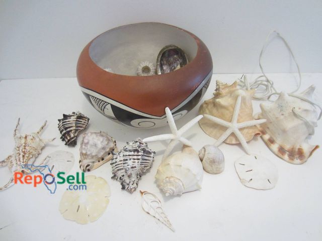 Lot 31-9092 - Hand-Painted Pottery Bowl With Assorted Sea Shells And Starfish.