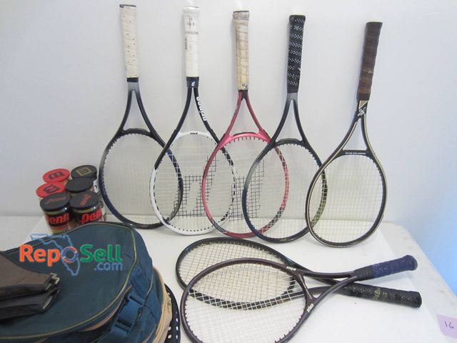 Lot 31-9058 - Collection Includes Five Tennis Rackets Includes Prince & Wimbeldon, Assorted Covers, And Six Cans O...