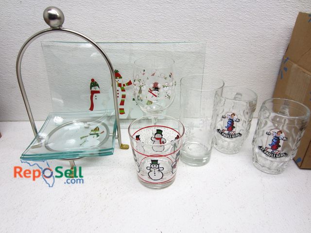 Lot 31-1187 - Estate/Holiday Lot: (14) Christmas Glassware, Snowman Plates, (6) St Paulie Girl Beer Glasses, etc.