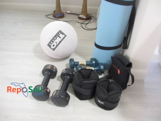 Lot 31-8511 - Fitness Equipment Lot With Dumbbells, Medicine Ball, Mat, etc