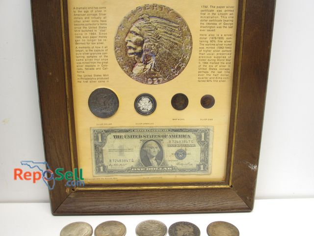 Lot 31-9011 - Coin Lot: (3) Morgan Silver Dollars 1883 O, 1921 S, 1878, (2) Peace Dollars 1923 &amp; 25, Framed Si...