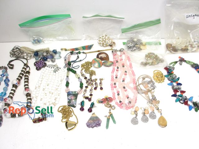 Lot 31-6014 - Lot of Costume Jewelry: Jade Earrings &amp; Pendant, Necklaces, Some Matching Earrings, Pins, Brooch...