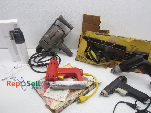 Lot 31-6241 - Tool Lot: Portable Small Hand Vac (Powers On), Mitre Box w/Saw, Staple Gun, Glue Gun, etc.