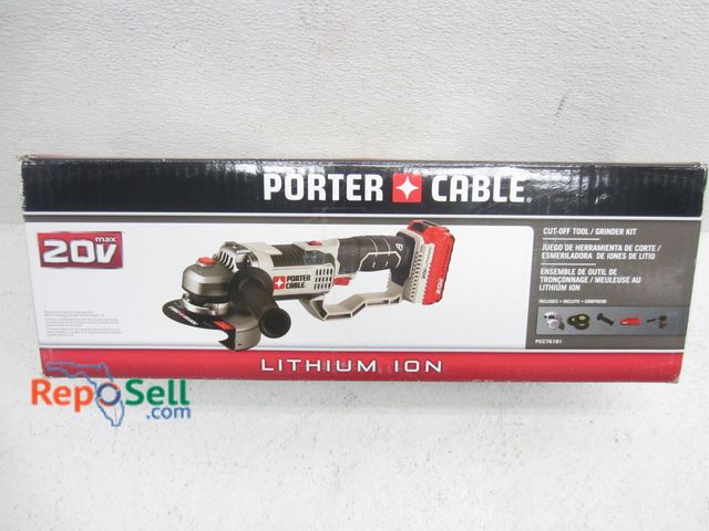 Lot 31-6202 - New Porter Cable 20v #PC761D1 grinder kit w/ batter, charger &amp; disc, powered on
