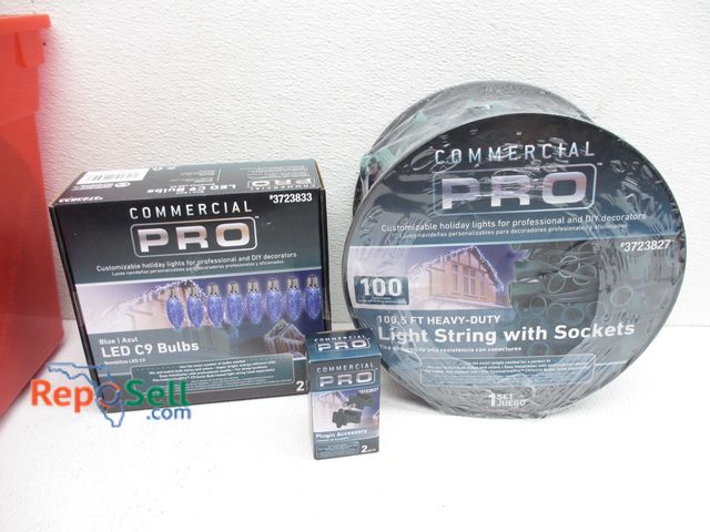 Lot 31-7108 - LED Light Lot: (9) Boxes/25pc Each Blue LED CP Bulbs, (10) Total Plugin Access., (2) 100.5' Heavy Du...