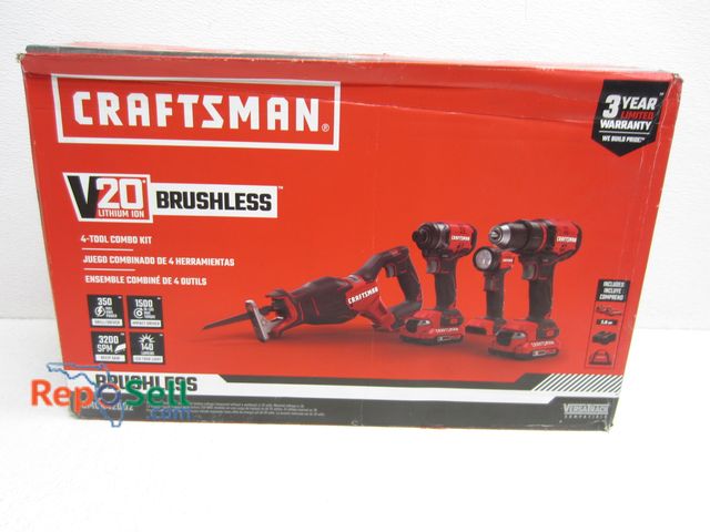 Lot 31-5129 - New Craftsman 20V 4 Tool Combo Kit w/(2) Batteries, Charger, Tool Bag - #CMCK420D2