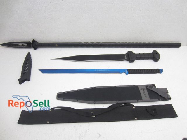 Lot 31-9221 - REAPR 44" spear, REAPR 25" double edged sword &amp; Defender Xtreme katana 27", all with sheaths