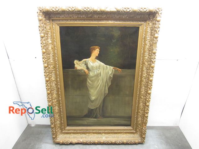 Lot 31-6497 - Large Vintage Oil Painting on Canvas in Gold Gilt Frame of Grecian Lady on the Terrace - 38.5"x51"