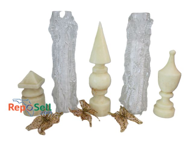 Lot 31-1167 - (2) Large Glass Candlestick Holders, (3) Large Candles And (10) Butterfly Decor