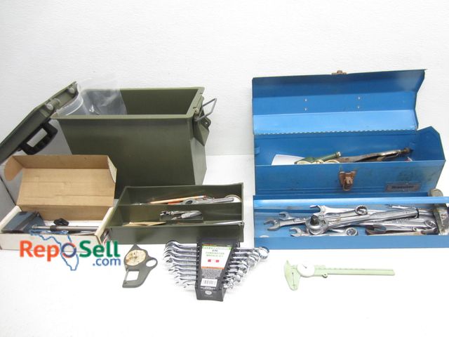 Lot 31-9586 - Tool Box and Ammo Case with Hand Tools: Wrenches, Screwdrivers, etc.
