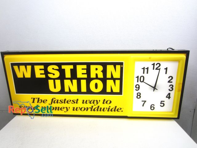 Lot 31-6459 - Lighted Western Union Clock Sign 51.5"x20"x4.5" - Power On