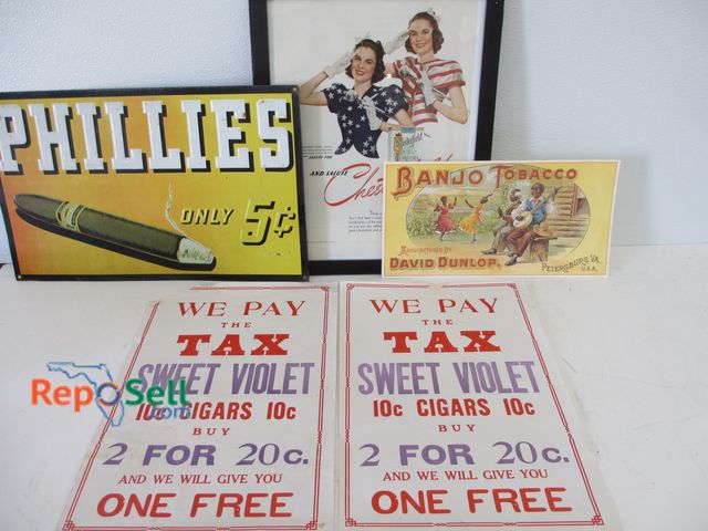 Lot 31-1264 - Phillies Metal Cigar Sign 17" x 11"; Chesterfield Framed Cigarette Advertising (Circa 1940's); Etc.