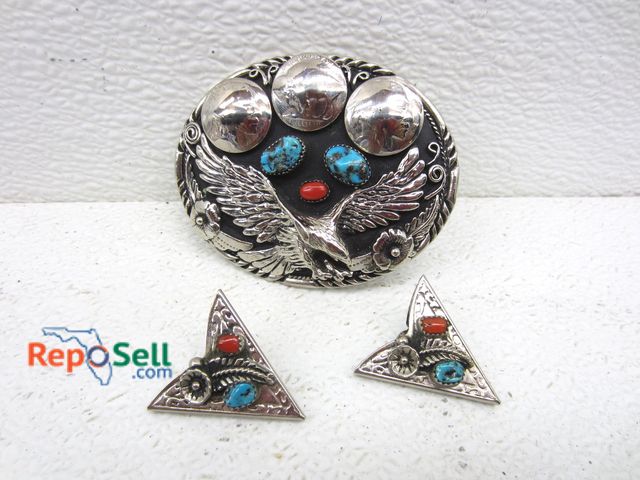 Lot 31-9248 - Handcrafted Southwestern Style Belt Buckle and Earrings