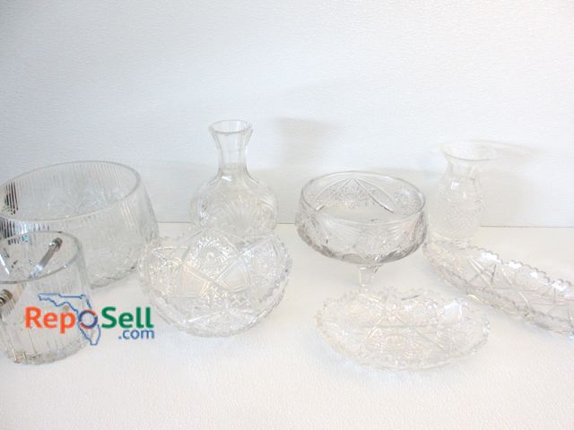 Lot 31-1380 - (8) Pcs of Etched Glass: Serving Bowls, Decanter, Ice Bucket, etc.