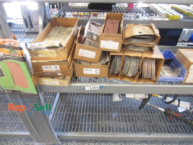 Lot 31-1201 - New sandpaper sheets, belts, discs, various grits - contents of shelf