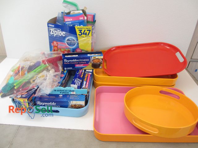 Lot 31-1312 - (6) Trays, Large Amount of Kitchen Paper Goods, Bag of Chip Clips &amp; toothpicks, etc.
