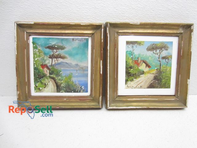Lot 31-6321 - (2) Framed Oil Paintings On Ceramic Signed 8"x8"