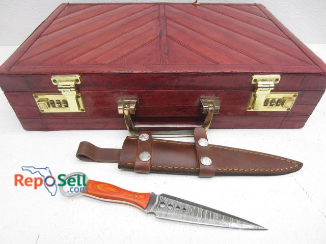 Lot 31-6554 - Custom Handmade Fixed Blade Knife &amp; Leather Sheath &amp; Genuine Eel Skin Briefcase