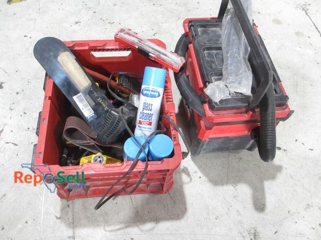 Lot 31-8247 - Tool/Hardware Lot: Milwaukee Dry Vac, Battery, Charger, Glass Cleaner - Untested