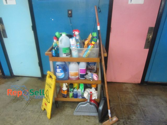 Lot 31-2026 - Rolling Wood Cart w/Lot of Cleaning Supplies - Cleaning Cloths, Dish Soap, Oven/Grill Cleaners, Wind...