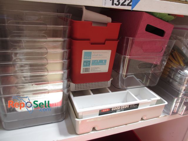 Lot 31-1323 - Approx (17) Storage Bins - Various Sizes, Large Lot of Yellow Handle Silverware, Drawer Organizer, e...