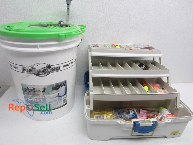 Lot 31-4085 - Fishing Lot: Plano Tackle Box w/ Bobbers/Lures/etc., &amp; 5 Gallon Bait Bucket