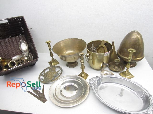 Lot 31-9337 - Lot of Various Brass Home Décor; Cuspidor, Dinnerware, Compote, Trivet, Candle Holders, Etc. Basket ...