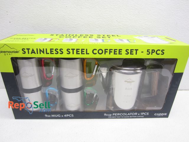 Lot 31-7327 - Alpine Mtn Gear Stainless Steel Coffee Set - 5pcs: 4- 9oz Mugs &amp; 1- 9cup Percolator - NEW