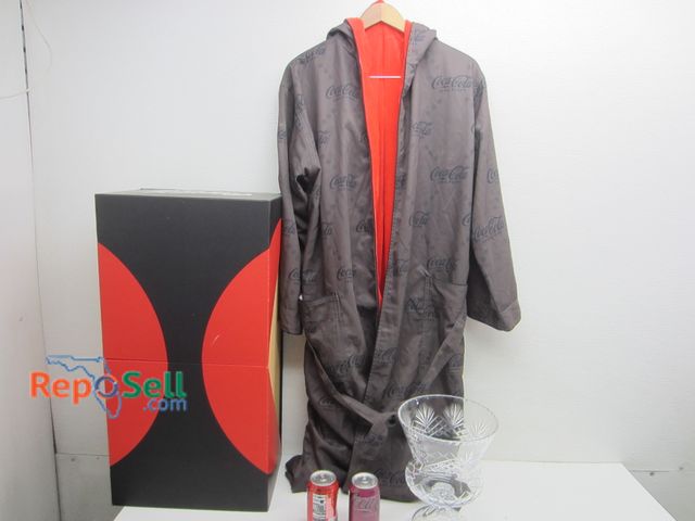Lot 31-3049 - Coca Cola Promotional Box Lot: Robe, Chalice (2) Coke Cans (one damaged), etc.